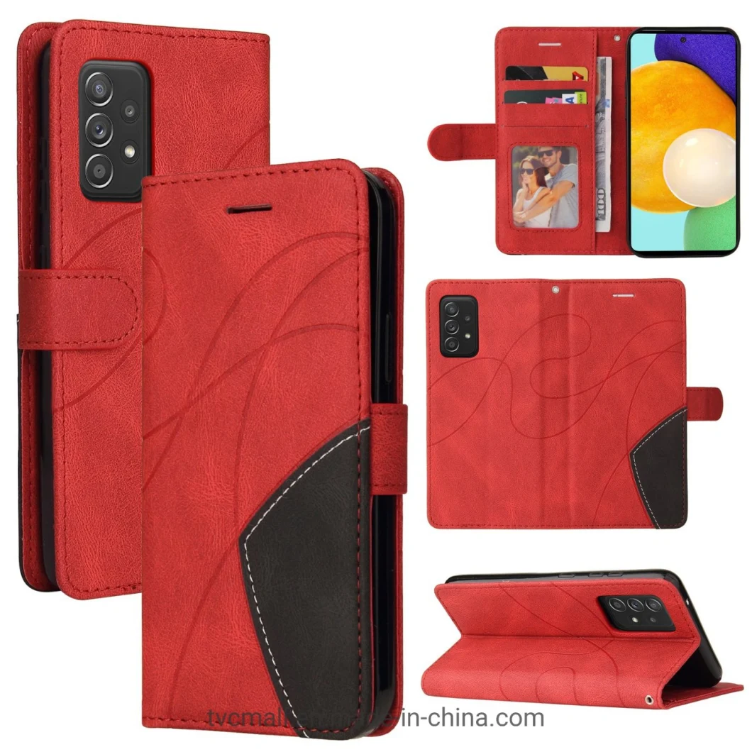 Kt Leather Series-1 Stand Feature Wrist Strap Bi-Color Splicing Style PU Leather Flip Wallet Folio Cover Phone Case for Samsung Galaxy A52 4G/5g / A52s 5g - Red