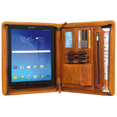 Estuche de cartera de arte Padfolio A4 de cuero genuino de alta calidad con soporte para Tablet PC